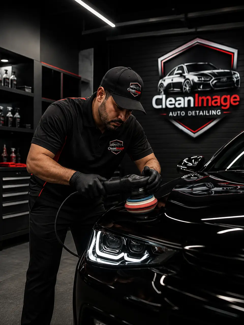 Professional detailer polishing a black SUV with the Clean Image Mobile Detailing logo in the background