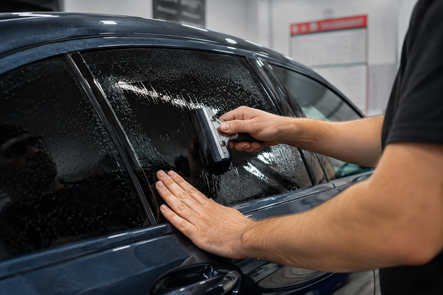 Gloved hand squeegeeing ceramic window tint film onto the rear side window of a premium dark grey sedan in a professional tint bay