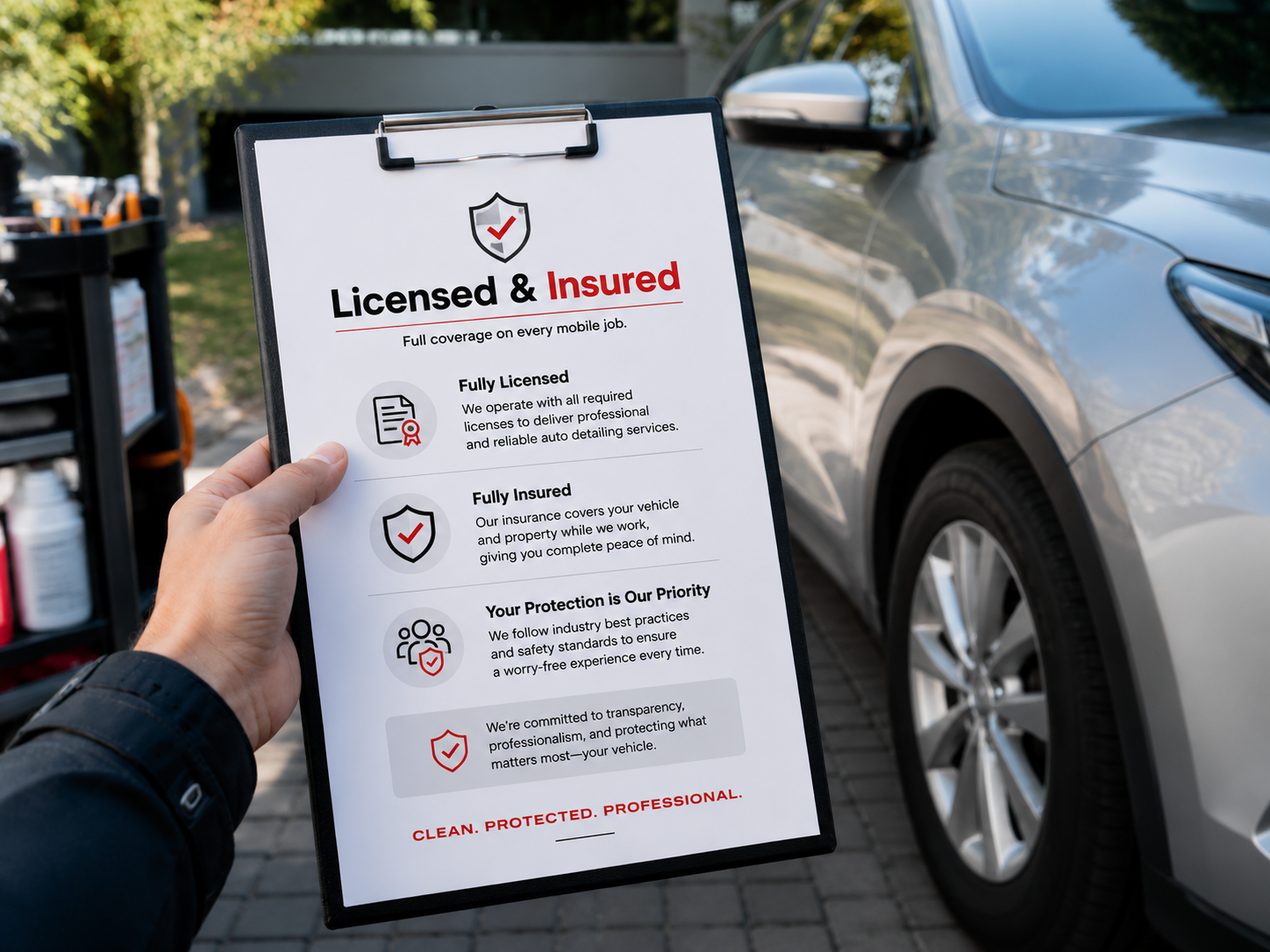 Hand holding a Licensed & Insured coverage sheet beside a clean silver SUV at a mobile detailing appointment